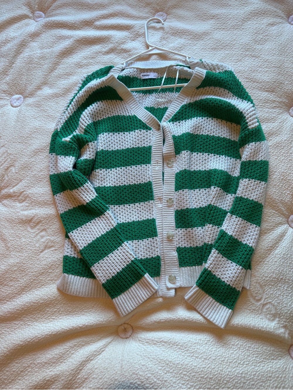 Sonoma Green and White Striped Button-Up Cardigan